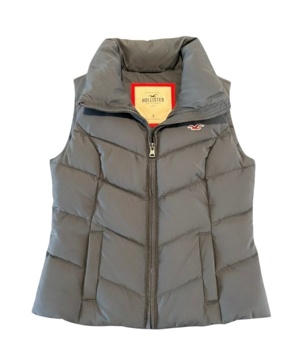 Hollister Women’s Small Gray Puffer Vest Full Zip Logo Y2K